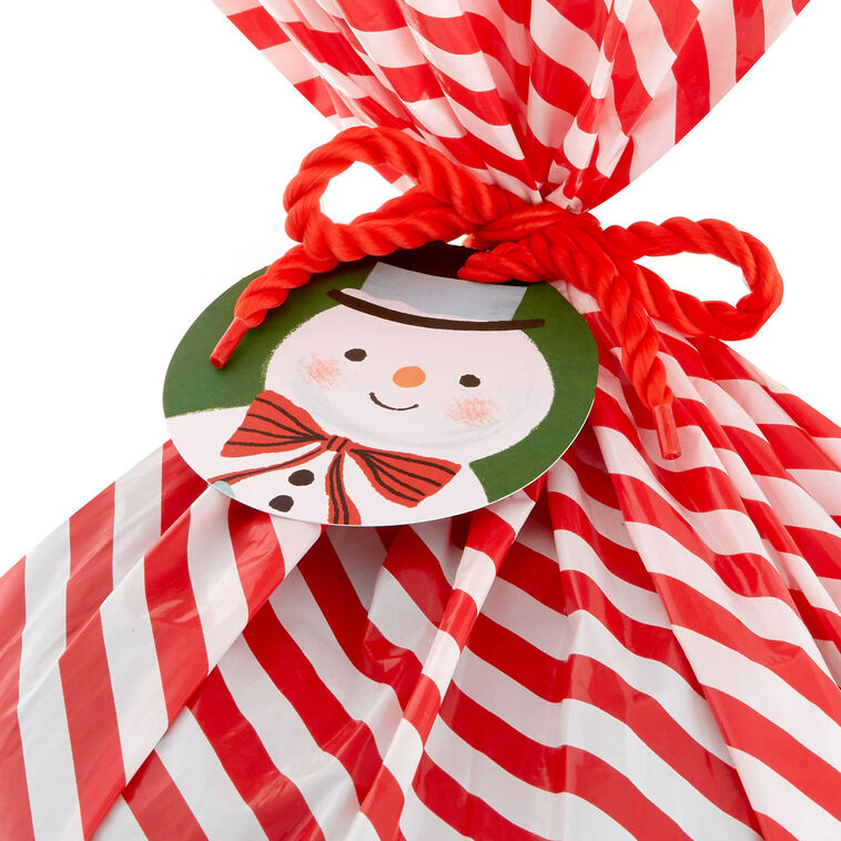 56" Red and White Striped Giant Plastic Christmas Gift Bag With Snowman Tag and Tie