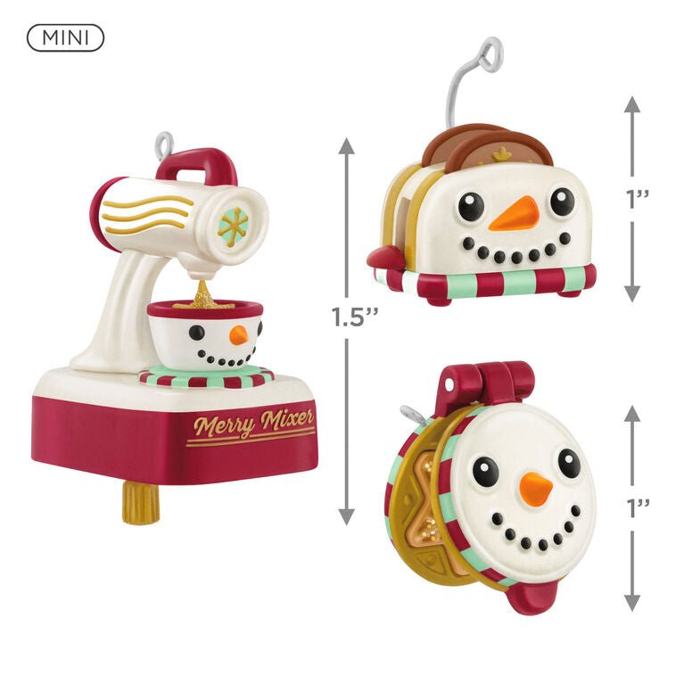 Set of three mini Christmas ornaments: snowman waffle maker, stand mixer, and toaster with snowflake designs, Hallmark Keepsake kitchen set