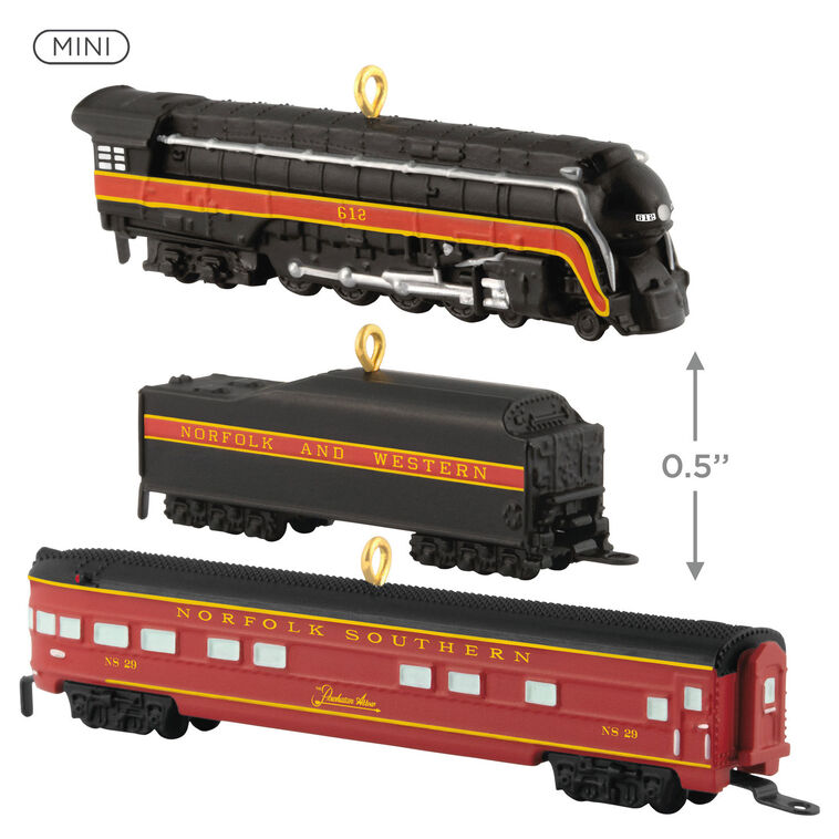 Hallmark Keepsake Mini Lionel Norfolk and Western Passenger Set ornaments—black steam engine, tender car, and red/yellow passenger car, set of three
