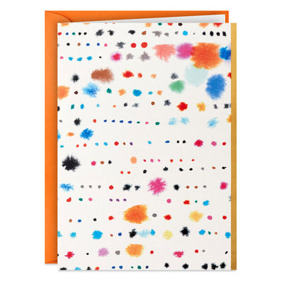 Set of 5 mini Hallmark note cards with multicolor abstract paint splash design and gold foil on white, includes envelopes.
