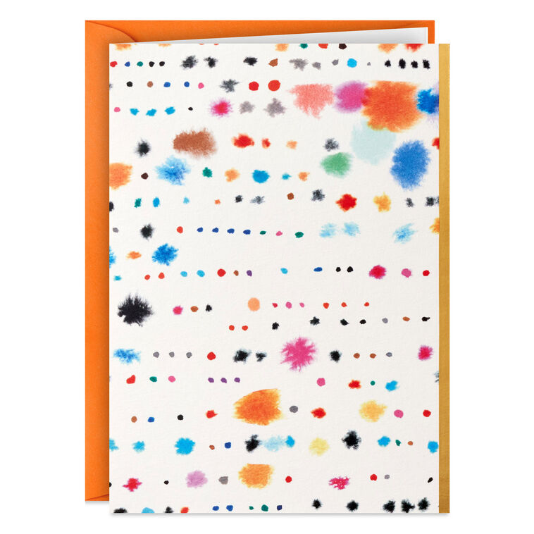 Set of 5 mini Hallmark note cards with multicolor abstract paint splash design and gold foil on white, includes envelopes.
