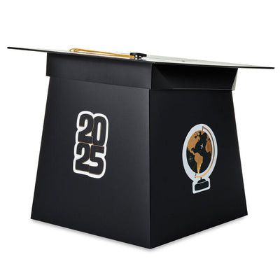 Mortarboard-shaped graduation card holder box with a gold tassel and 2025 stickers for personalizing, perfect for collecting cards and well wishes at a grad party.

