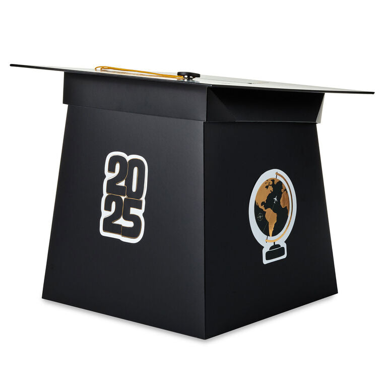 Mortarboard-shaped graduation card holder box with a gold tassel and 2025 stickers for personalizing, perfect for collecting cards and well wishes at a grad party.

