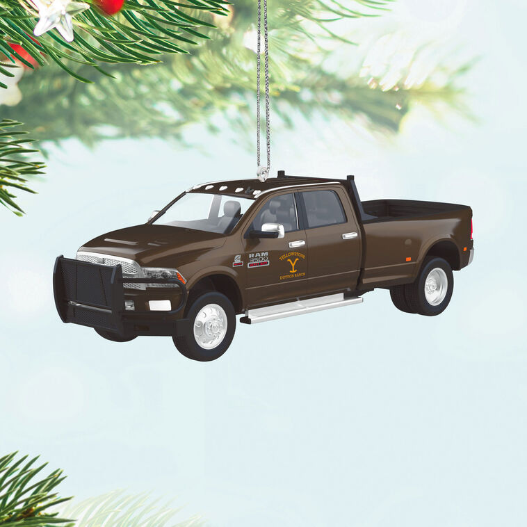 Dark brown 2014 Ram 3500 truck Christmas ornament with Yellowstone rocking-Y logo, inspired by John Dutton’s pickup.