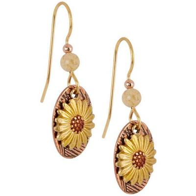 Layered gold-tone earrings featuring detailed sunflower motifs by Silver Forest.

