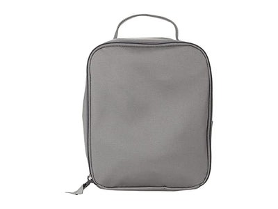 Gray recycled cotton lunch bag with zip closure, clear ID window, and slip pocket inside
