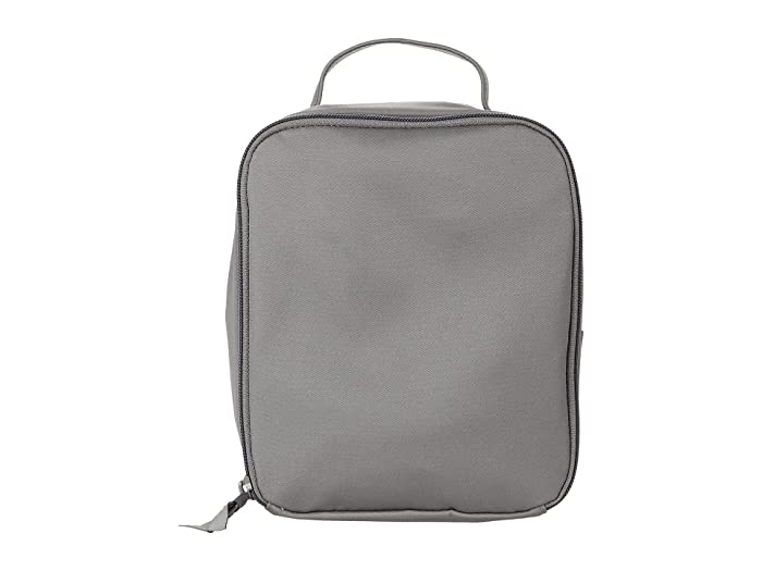 Gray recycled cotton lunch bag with zip closure, clear ID window, and slip pocket inside
