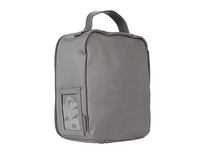 Gray recycled cotton lunch bag with zip closure, clear ID window, and slip pocket inside
