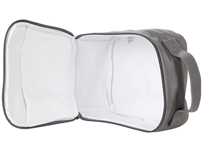 Gray recycled cotton lunch bag with zip closure, clear ID window, and slip pocket inside
