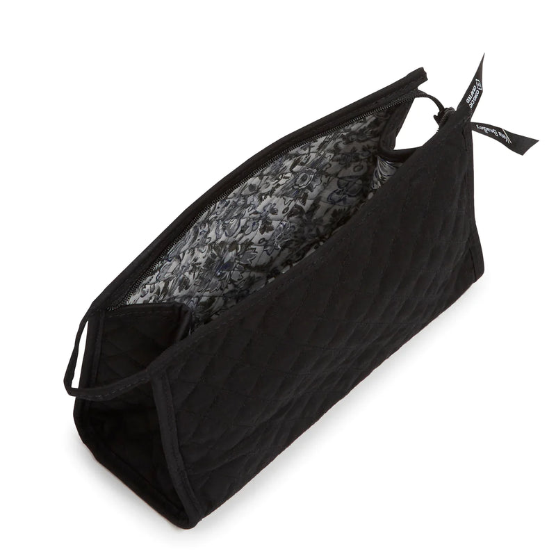 Black trapeze-shaped Vera Bradley cosmetic bag with zip closure
