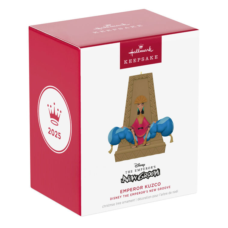 Emperor Kuzco ornament sitting on plush throne from Disney’s The Emperor’s New Groove holiday collection.


