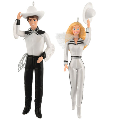 Barbie and Ken Western Stars ornaments in black and white cowboy outfits, hats, boots, and silver accents, Hallmark Keepsake set of 2.