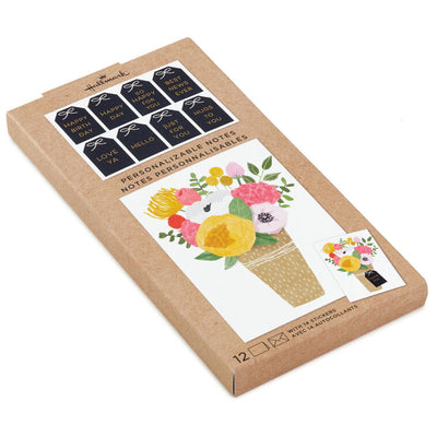 Blank note cards with floral vase illustration and customizable black gift-tag stickers, packaged in kraft wrap.
