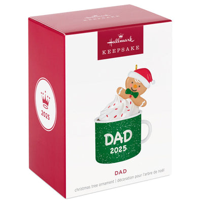2025 Christmas ornament of gingerbread dad cookie in green mug with whipped cream, festive holiday design

