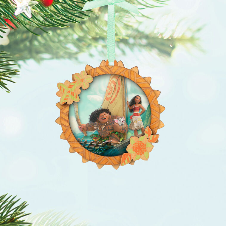 Hallmark Keepsake Disney Moana Setting Sail Papercraft Ornament with Moana, Maui, and Pua in boat, tropical flower frame.