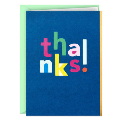 Multicolor “thanks” lettering on blue background thank-you cards with gold foil accents.
