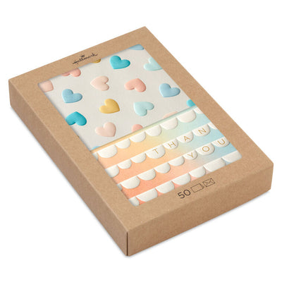 Hallmark blank thank you notes boxed set with pastel hearts and scallops designs, embossed, pack of 50