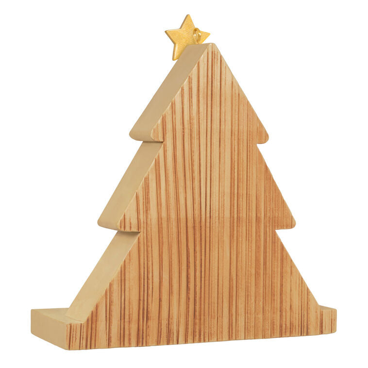 Tree-shaped wooden bookcase ornament filled with green books, red and white ornaments, and gold star accents

