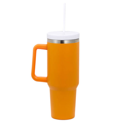 Large orange insulated travel tumbler with handle, straw, and white quote: staying young is to consume plenty of liquids.”