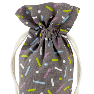 Hallmark 14-inch black fabric wine gift bag with colorful confetti print and drawstring

