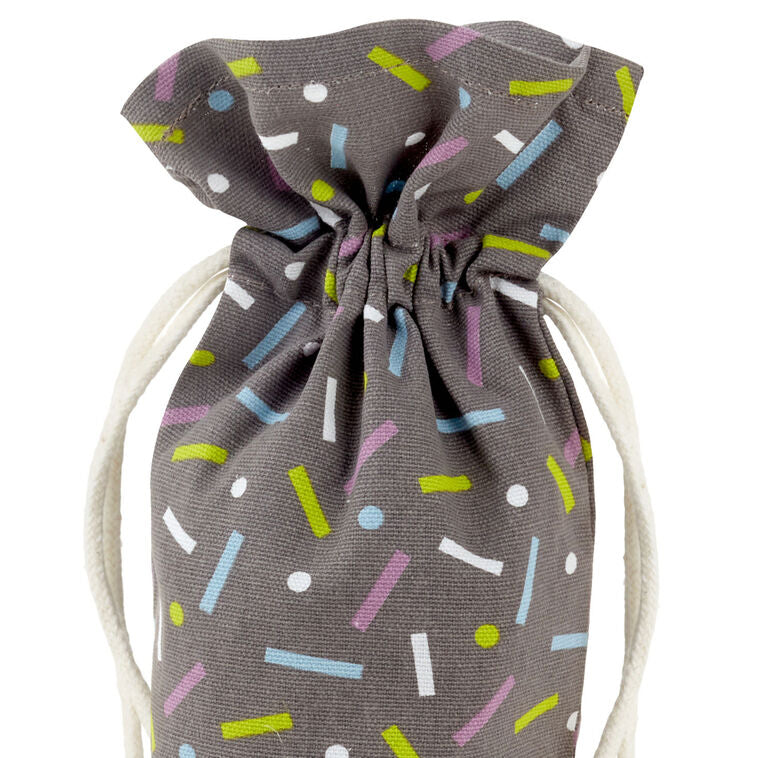 Hallmark 14-inch black fabric wine gift bag with colorful confetti print and drawstring
