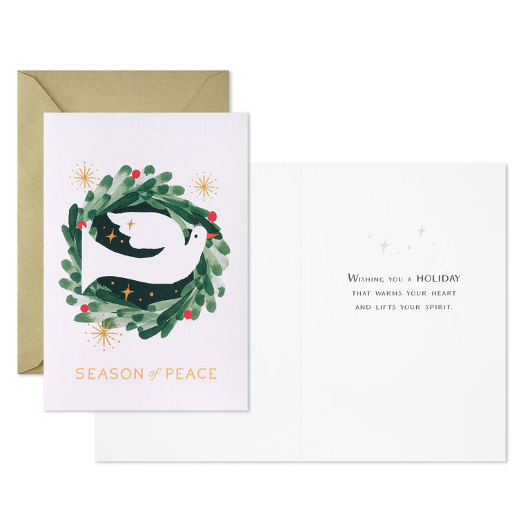 Dove on Watercolor Wreath Boxed Christmas Cards, Pack of 16