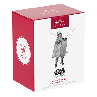 Ahsoka Tano ornament in gray cloak with dual white lightsabers drawn, posed for battle as seen in Star Wars: Ahsoka.