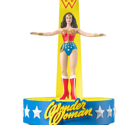 Wonder Woman musical ornament, Lynda Carter in red, white, blue costume, spins with music, Hallmark Keepsake, Christmas tree decoration.