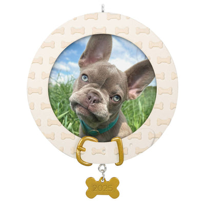 Dog photo frame ornament with bone-shaped charm and collar design, year-dated 2025 for pet’s first Christmas keepsake

