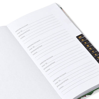 Password keeper book with fuchsia and cream floral cover, alphabetical tabs, and striped end sheets.