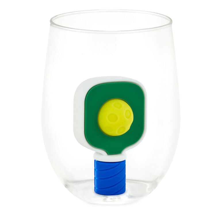 Silicone drink charm shaped like a pickleball paddle and ball, fits inside Charmers or stemless contour glasses   drink ID.