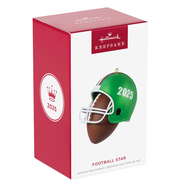 Christmas ornament with red-green football helmet on a football, year-dated 2025 for football players and coaches

