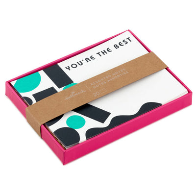 Hallmark flat note cards boxed set featuring bold geometric designs with modern shapes, stripes, and motivational text, pack of 20 cards and envelopes.

