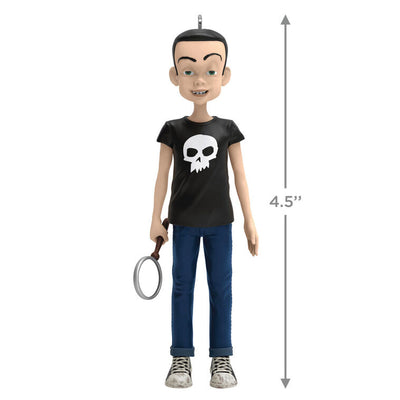 Sid Phillips Toy Story ornament, Hallmark Keepsake 2025, boy with black skull shirt holding magnifying glass, Disney Pixar collectible.