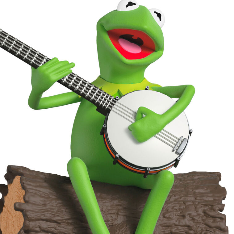 Kermit the Frog sitting on a log with a banjo, from The Muppets, musical Christmas ornament with motion.

