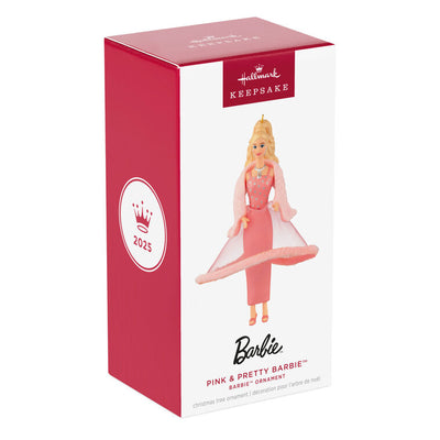 Pink & Pretty Barbie ornament in glamorous pink gown with faux fur trim, inspired by the 1981 doll, Hallmark Keepsake holiday decoration.

