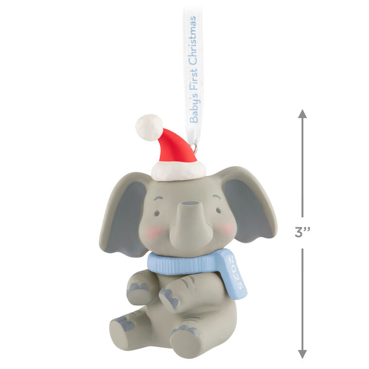 Gray elephant ornament with Santa hat and pink scarf, holding a 2025 baby girl’s first Christmas ribbon.