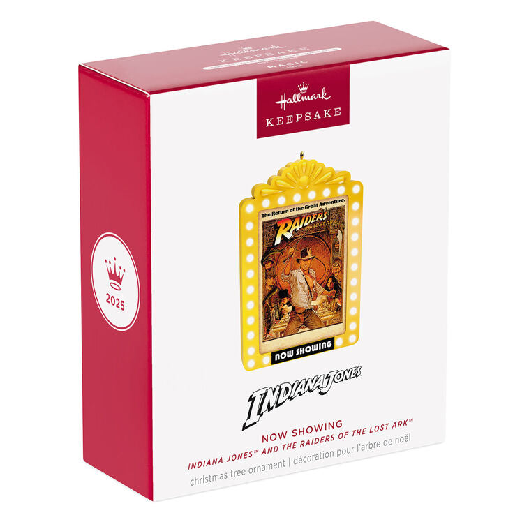 Hallmark Keepsake ornament featuring Raiders of the Lost Ark™ poster in yellow marquee frame with continuous light effect.