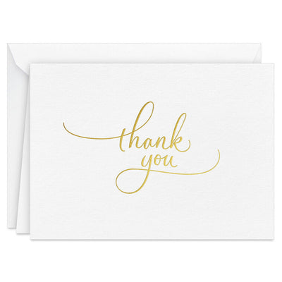 White thank you cards with elegant gold script and flourishes, includes 10 blank cards and envelopes for weddings and celebrations
