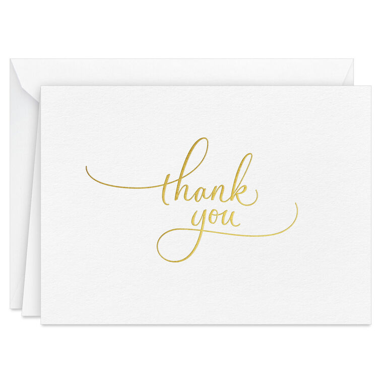 White thank you cards with elegant gold script and flourishes, includes 10 blank cards and envelopes for weddings and celebrations
