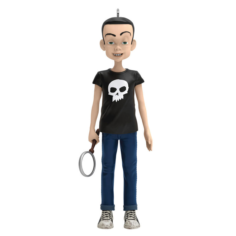 Sid Phillips Toy Story ornament, Hallmark Keepsake 2025, boy with black skull shirt holding magnifying glass, Disney Pixar collectible.
