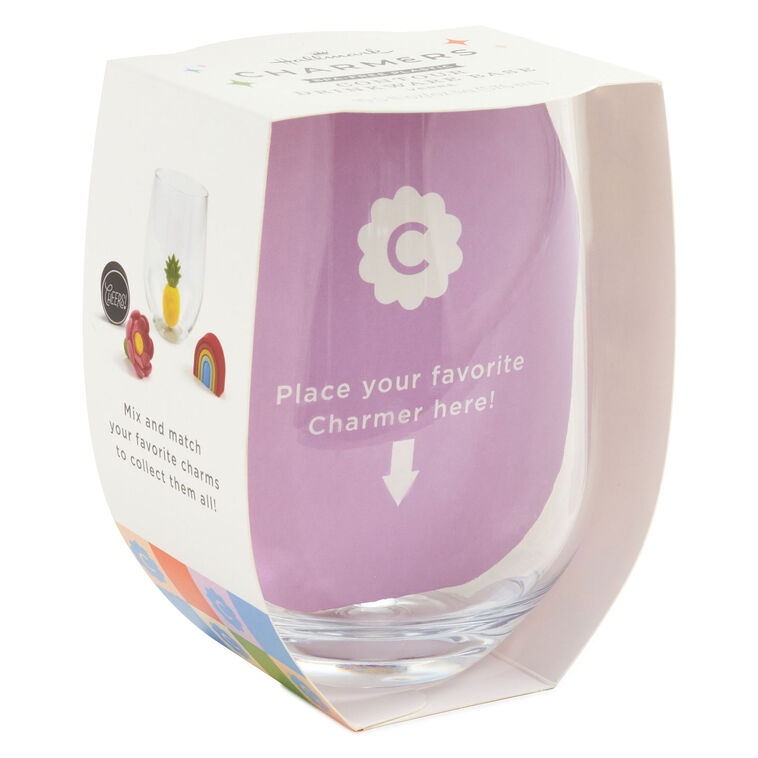 Clear plastic stemless contour glass with center post for holding silicone charms; 19.5 oz capacity, dishwasher safe.