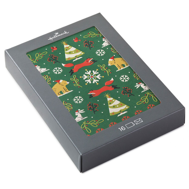 Woodland Animals on Green Boxed Christmas Cards, Pack of 16
