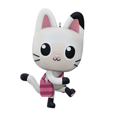 Mini Pandy Paws ornament, black and white cat-panda with striped tail and scarf, Hallmark Gabby’s Dollhouse Christmas collectible