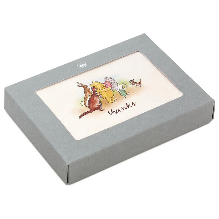 Blank thank-you notes featuring Winnie the Pooh and friends illustration, includes envelopes, linen-textured.