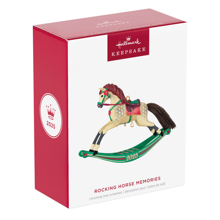 Hallmark Keepsake Rocking Horse Memories 2025 ornament—cream horse, brown mane and tail, red saddle, green sled base, red flower accents, year dated
