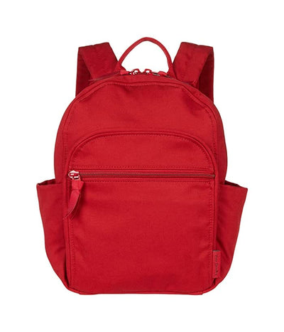 Small backpack in Cardinal Red recycled cotton with multiple zip and slip pockets, 9L capacity
