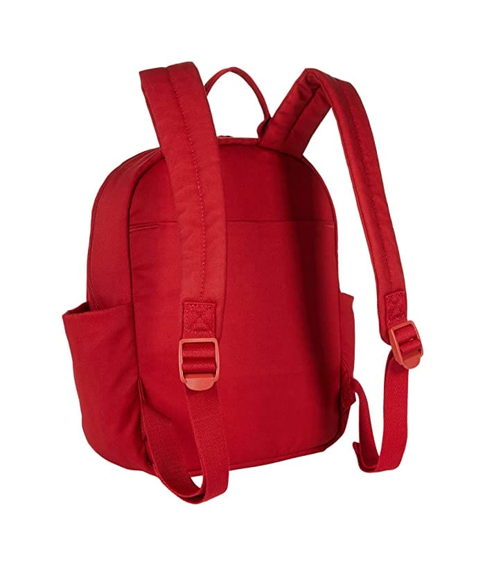 Small backpack in Cardinal Red recycled cotton with multiple zip and slip pockets, 9L capacity
