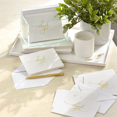 White thank you cards with elegant gold script and flourishes, includes 10 blank cards and envelopes for weddings and celebrations
