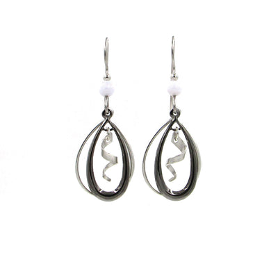 Silver-tone dangle earrings with open spiral squiggle and blue lace agate accent.
